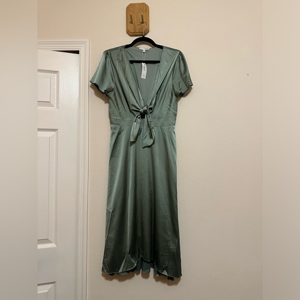 Baltic Born Sage Eucalyptus Satin Midi Dress with Front Tie NWT Size XL